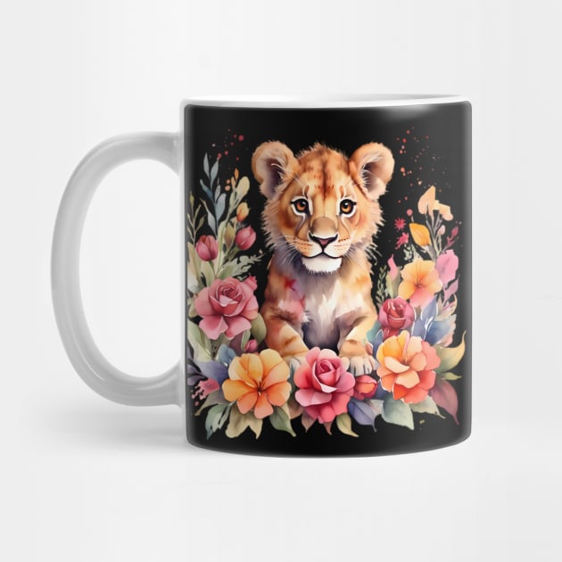 A lion cub decorated with beautiful watercolor flowers by CreativeSparkzz